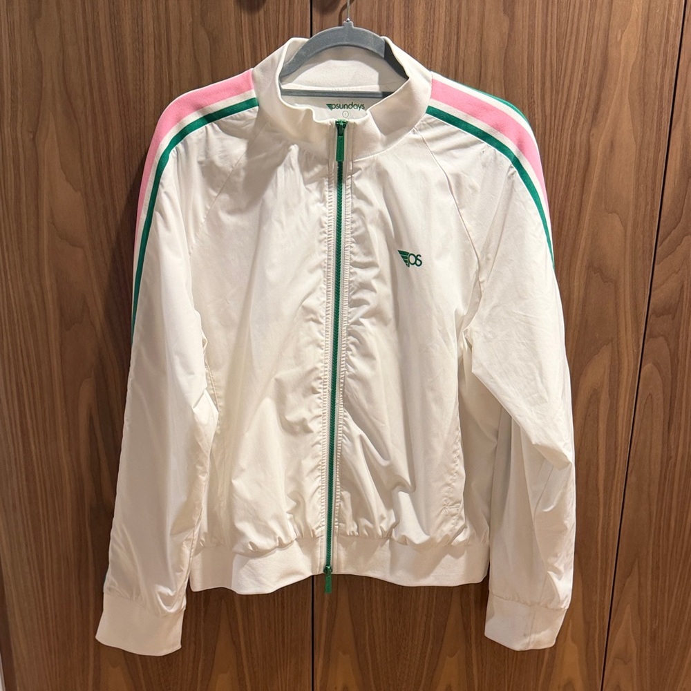 PSUNDAYS White Bomber Jacket with Pink & Green Shoulder Stripes